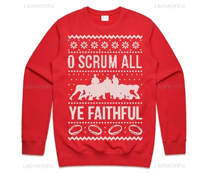 O Scrum All Ye Faithful Christmas Jumper Sweater Sweatshirt Women Men Adults Xmas Funny Rugby Wales England Men's Sweatshirts