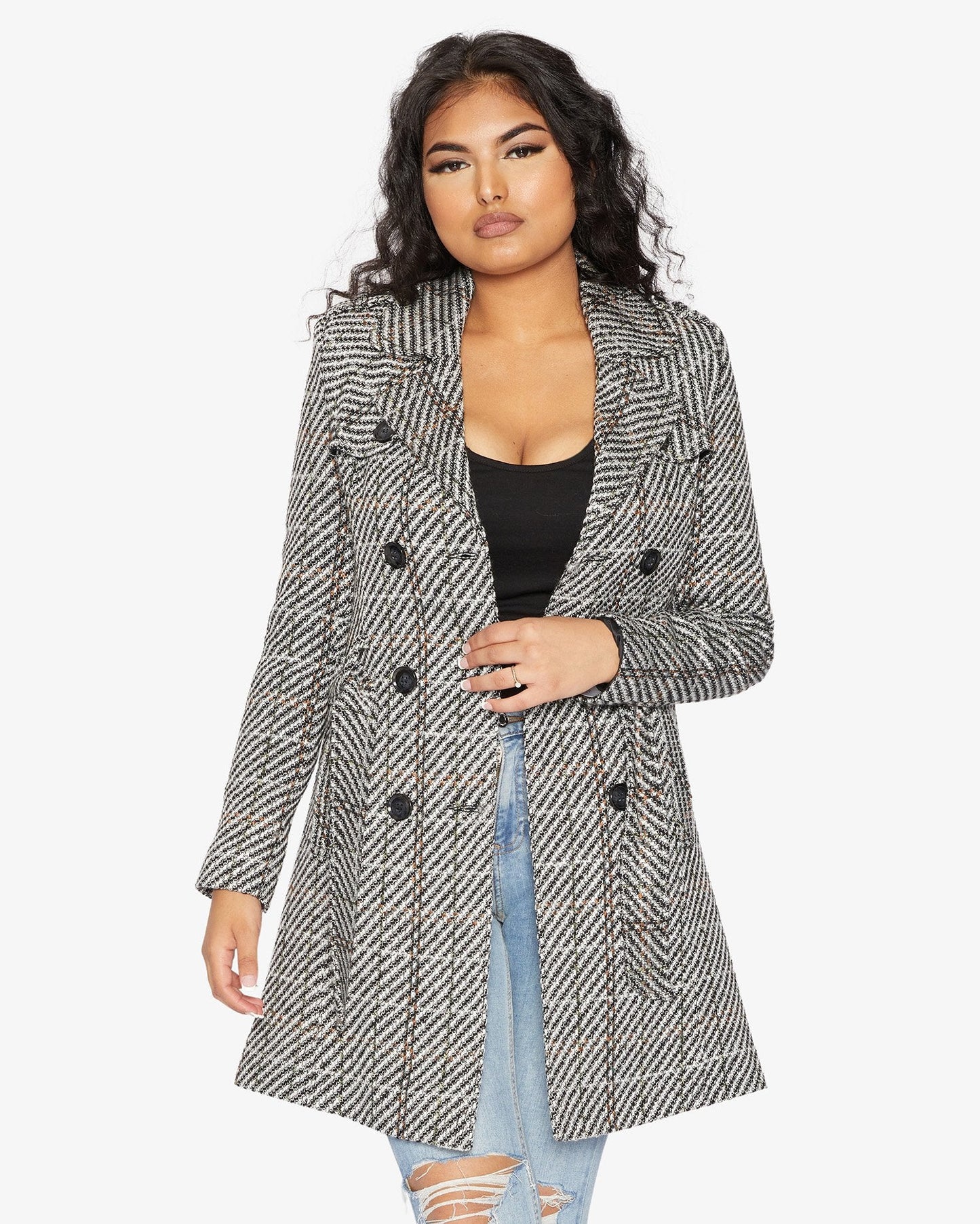 Wool Blend Check Double Breasted Military Coat