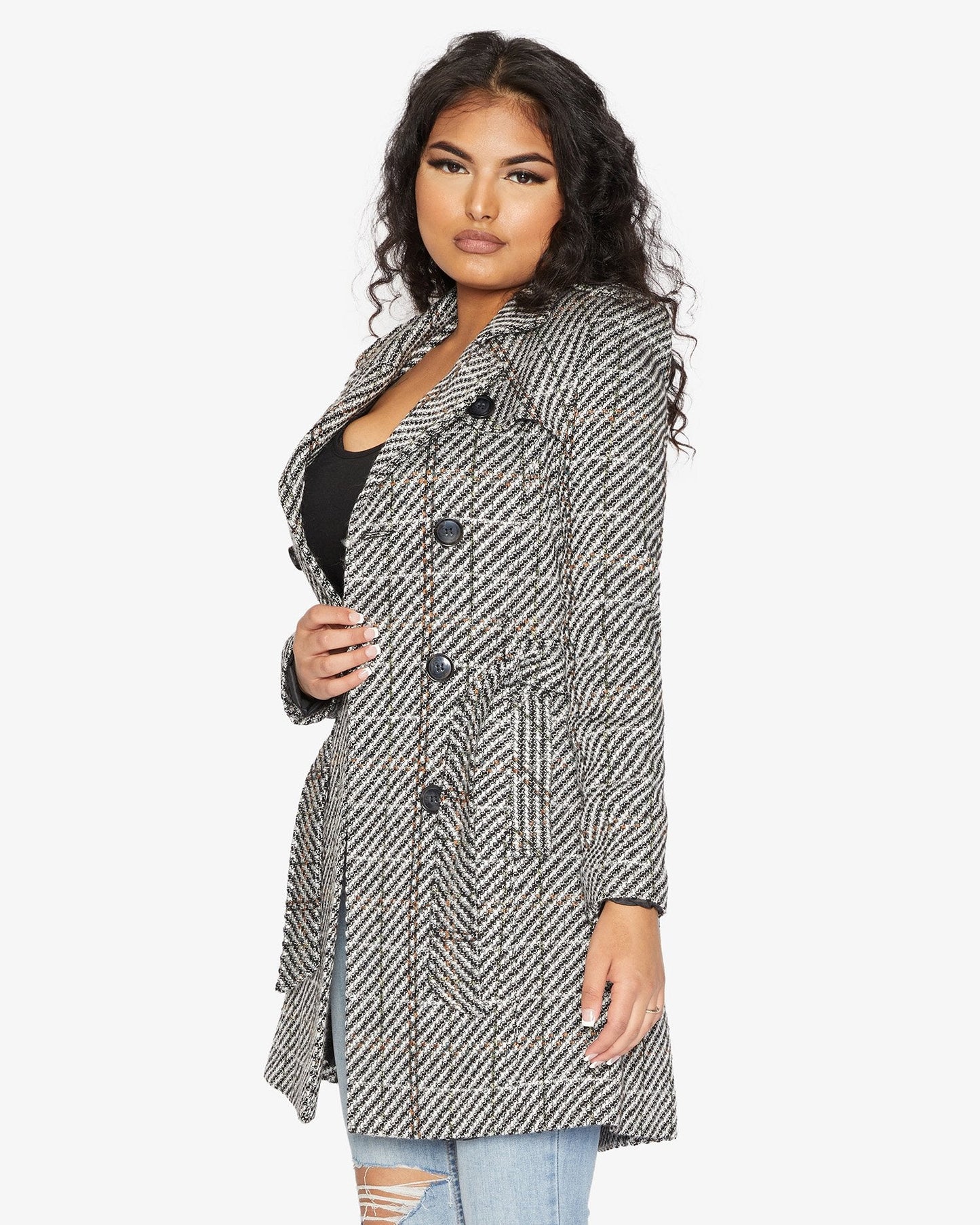 Wool Blend Check Double Breasted Military Coat