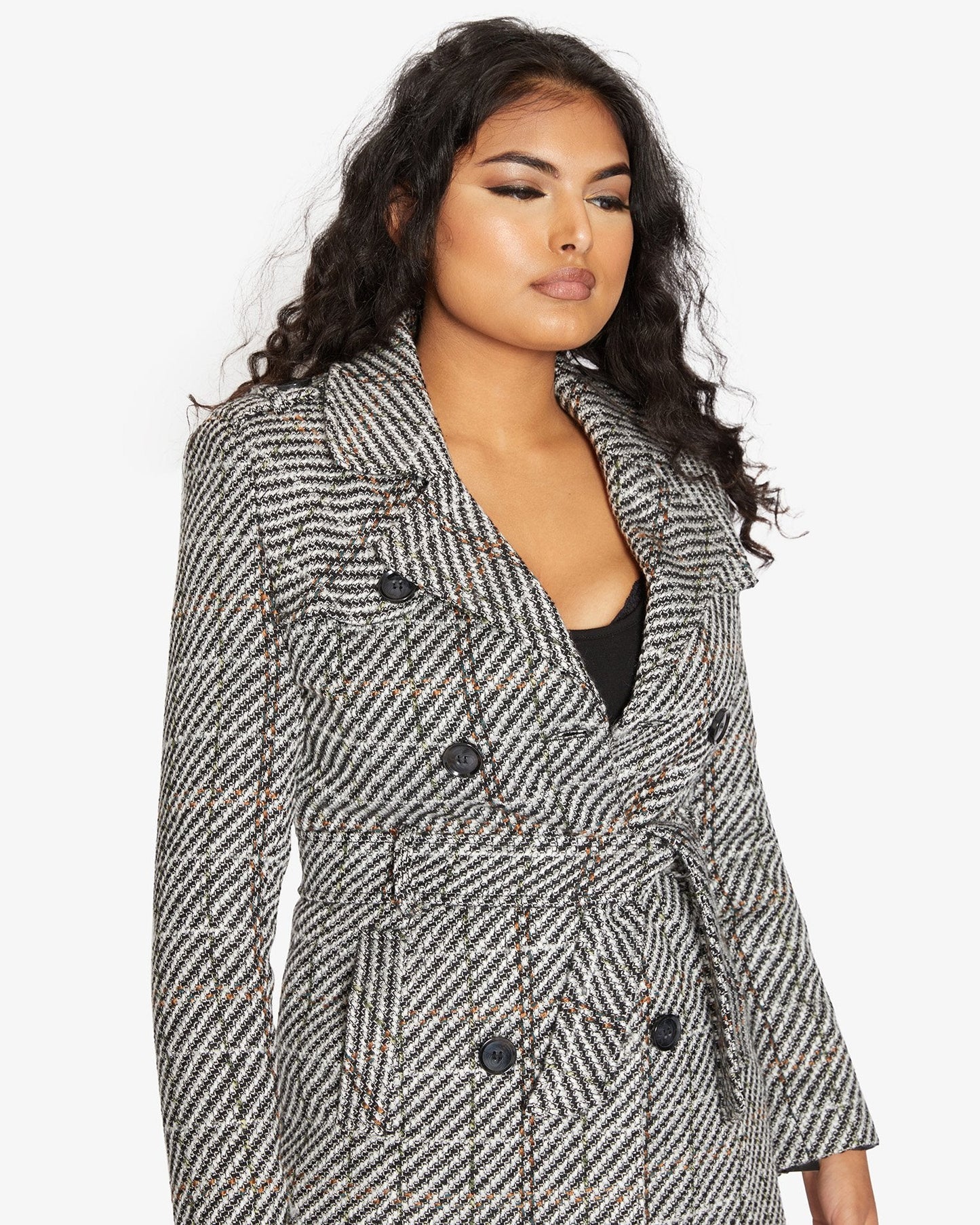 Wool Blend Check Double Breasted Military Coat