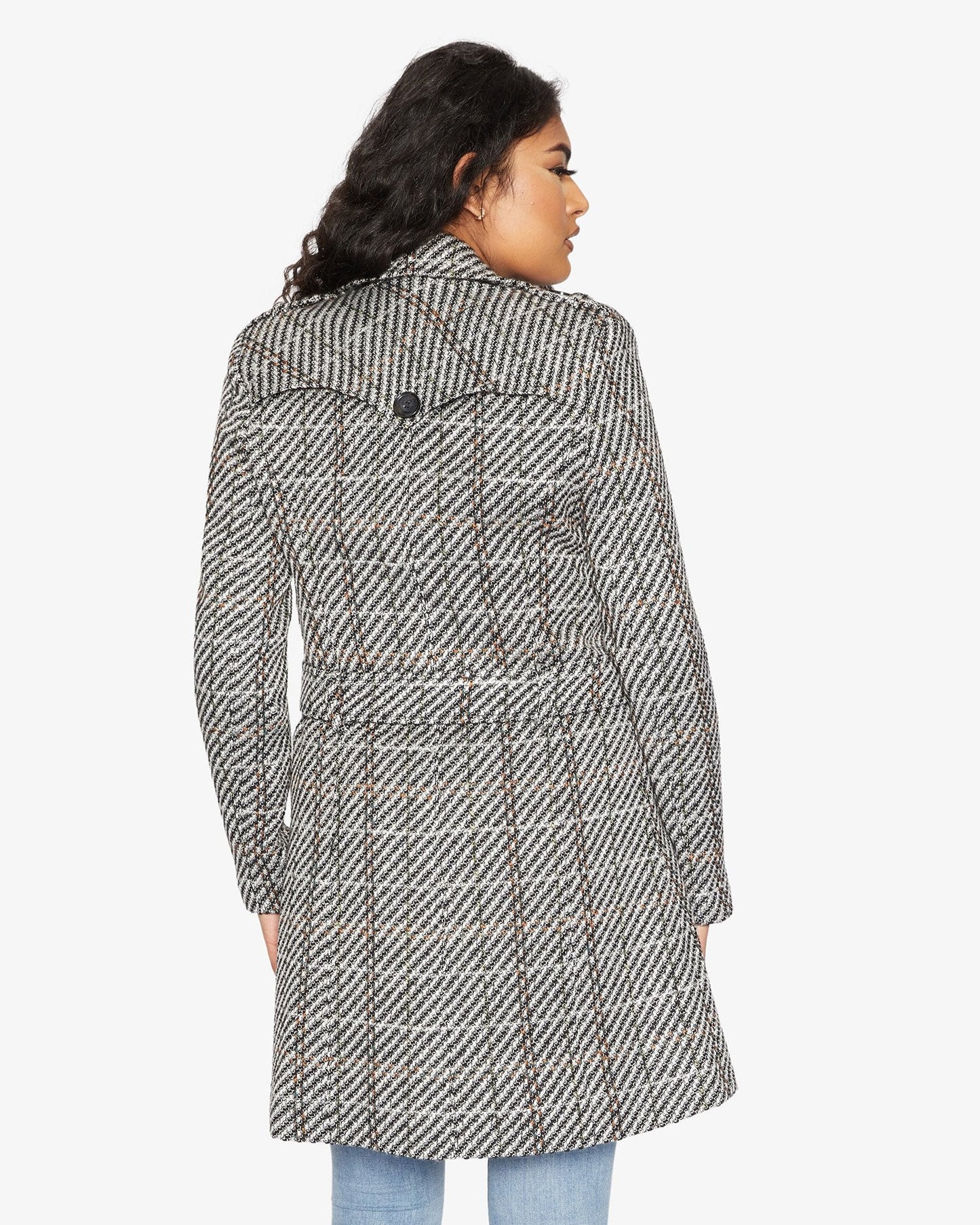 Wool Blend Check Double Breasted Military Coat