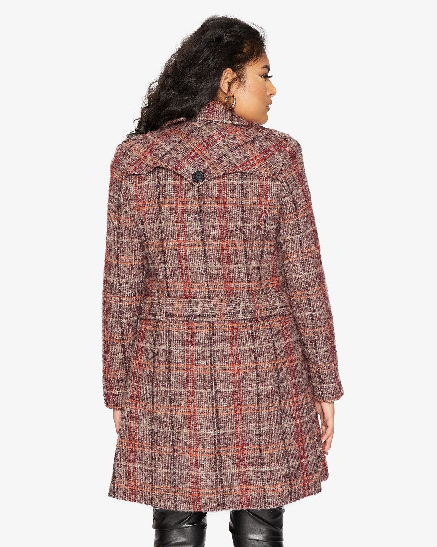 Wool Blend Check Double Breasted Military Coat