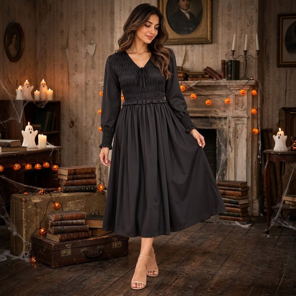 Amara Black Satin Midi Dress Long Sleeve Smocked Waist Dress