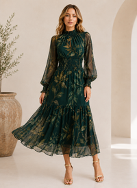 LS Emerald Whisper Leaf Print Midi Dress