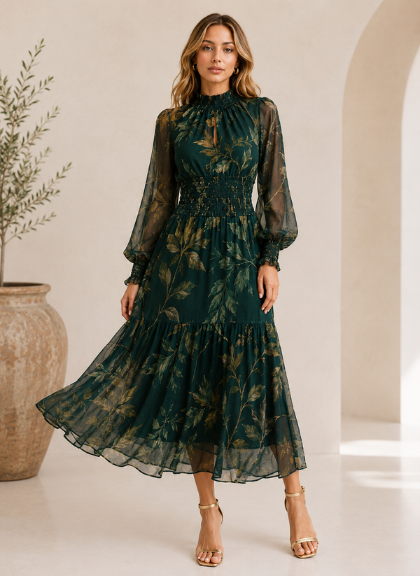 LS Emerald Whisper Leaf Print Midi Dress