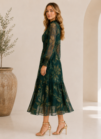 LS Emerald Whisper Leaf Print Midi Dress