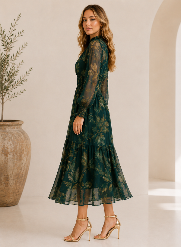 LS Emerald Whisper Leaf Print Midi Dress