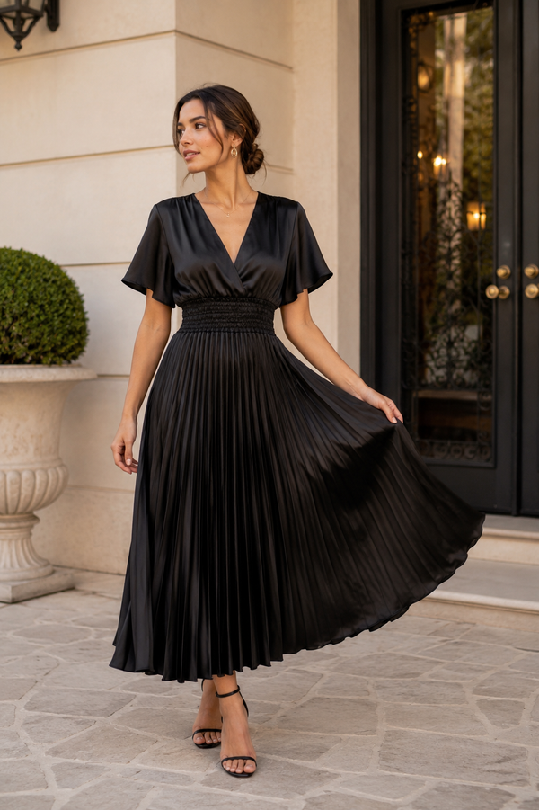 LS Satin Pleated Dress Black