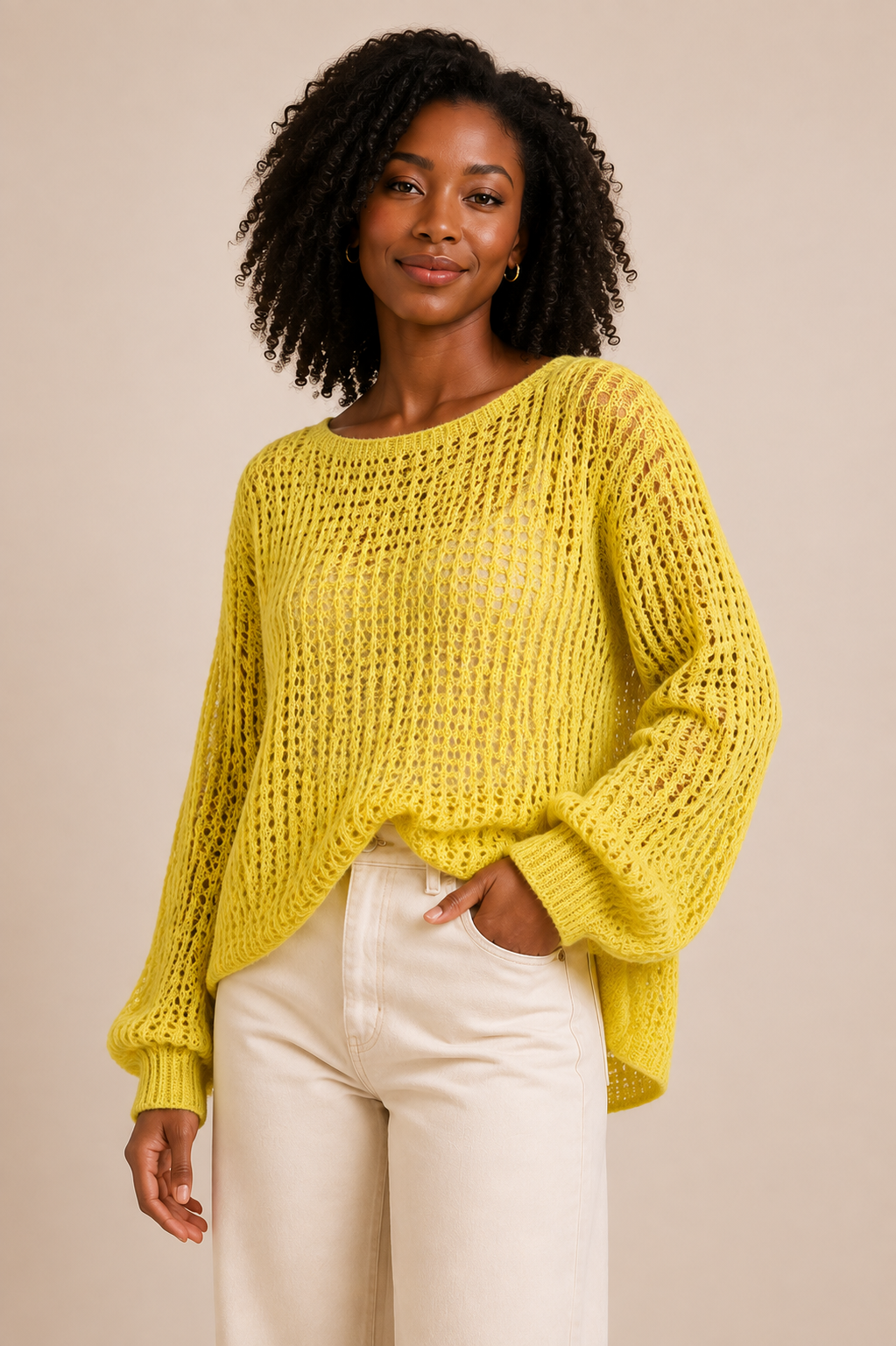 LS Sunshine Open-Knit Balloon Sleeve Jumper