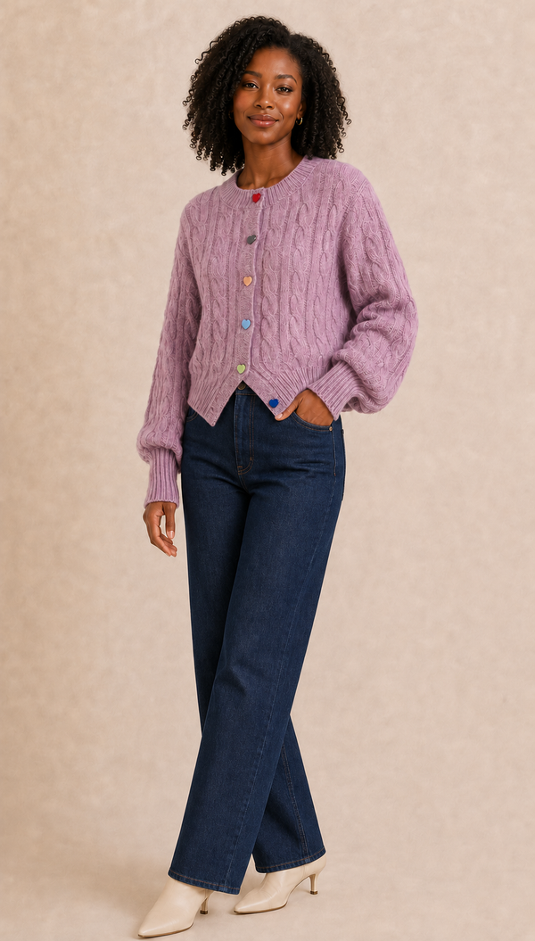 LS Lilac Love Heart-Button Cable-Knit Cardigan