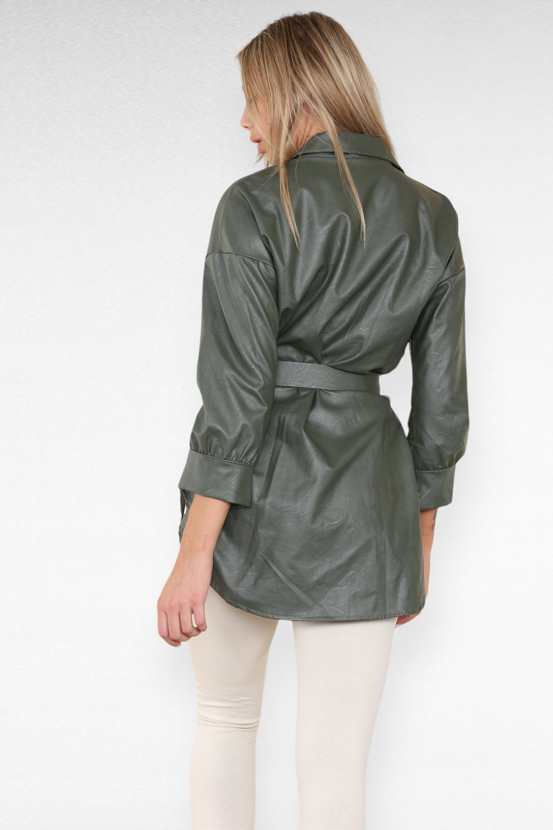 PU Faux Leather Belted Wet Look Shirt Dress