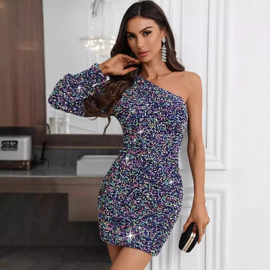 Womens Sexy Dresses Sequin Long Sleeve Evening Dresses 2025 Woman Cocktail Party Dress Short Holiday Formal Prom Dress Xiny908