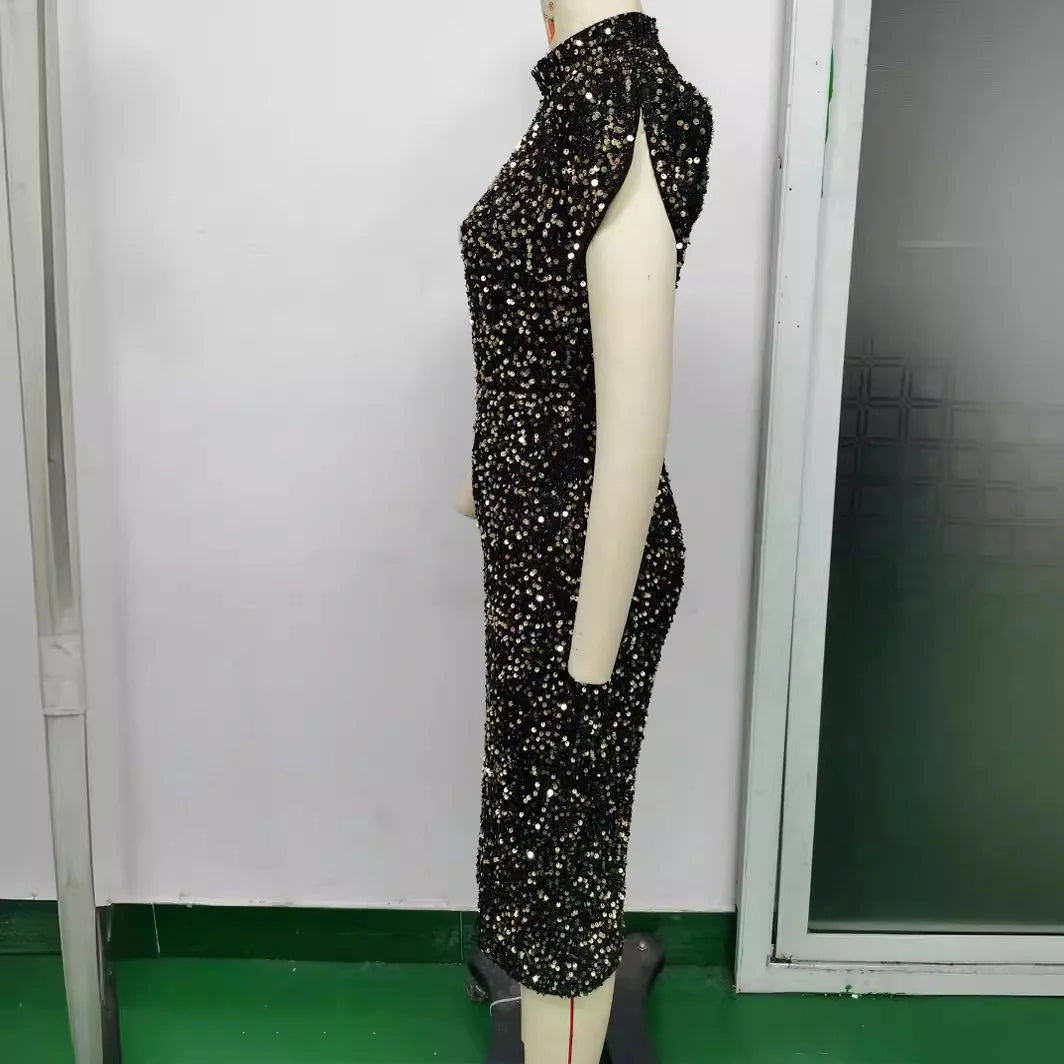 Women's Party Dress Sleeveless Shiny Sequins Luxury Evening Dress Sexy Short Sleeve Slit Midi Summer Formal Prom Dresses XSY008