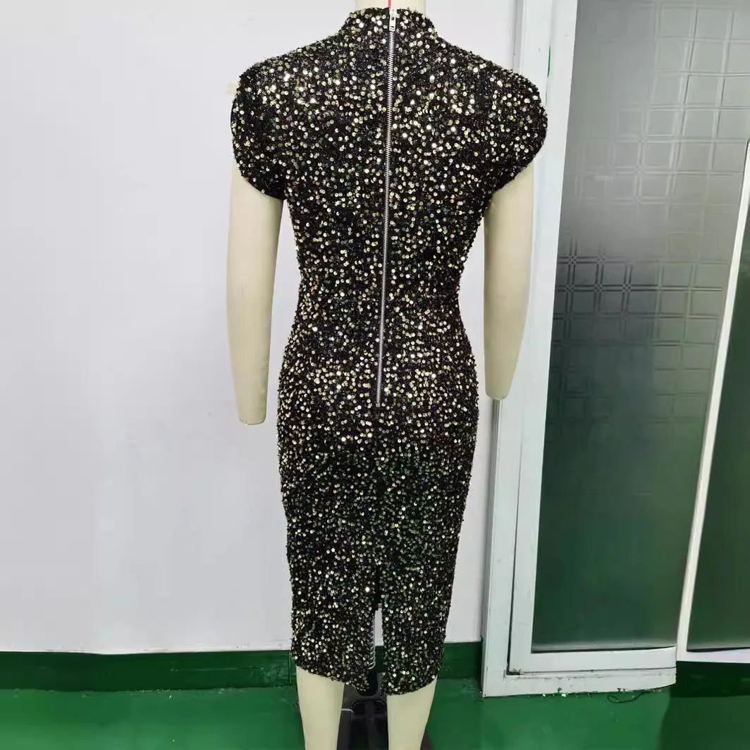 Women's Party Dress Sleeveless Shiny Sequins Luxury Evening Dress Sexy Short Sleeve Slit Midi Summer Formal Prom Dresses XSY008