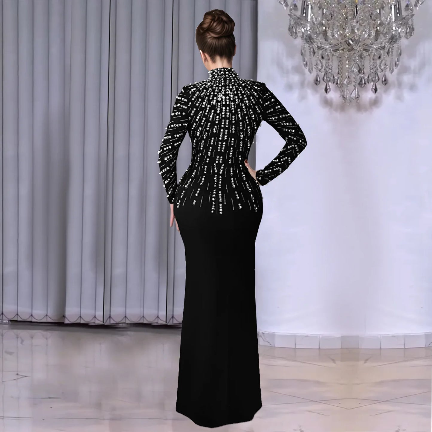 Temperament Elegant Party Diamond Pearl Long Bodycon Dress Women O Neck Long Sleeve Glitter Club Evening Black Sheath Maxi Dress