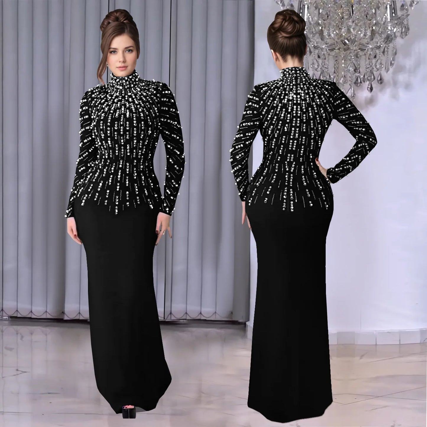 Temperament Elegant Party Diamond Pearl Long Bodycon Dress Women O Neck Long Sleeve Glitter Club Evening Black Sheath Maxi Dress