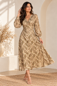 Aurelia Cream Paisley Gold Lurex Midi Dress – Long Sleeve