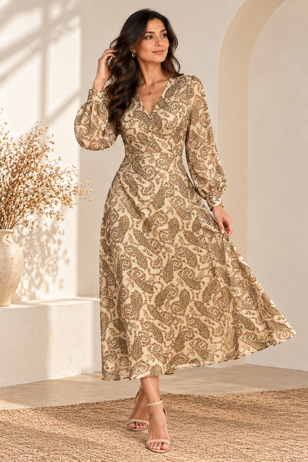 Aurelia Cream Paisley Gold Lurex Midi Dress – Long Sleeve