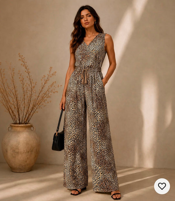 LS Satin Leopard Print Wide Leg Jumpsuit