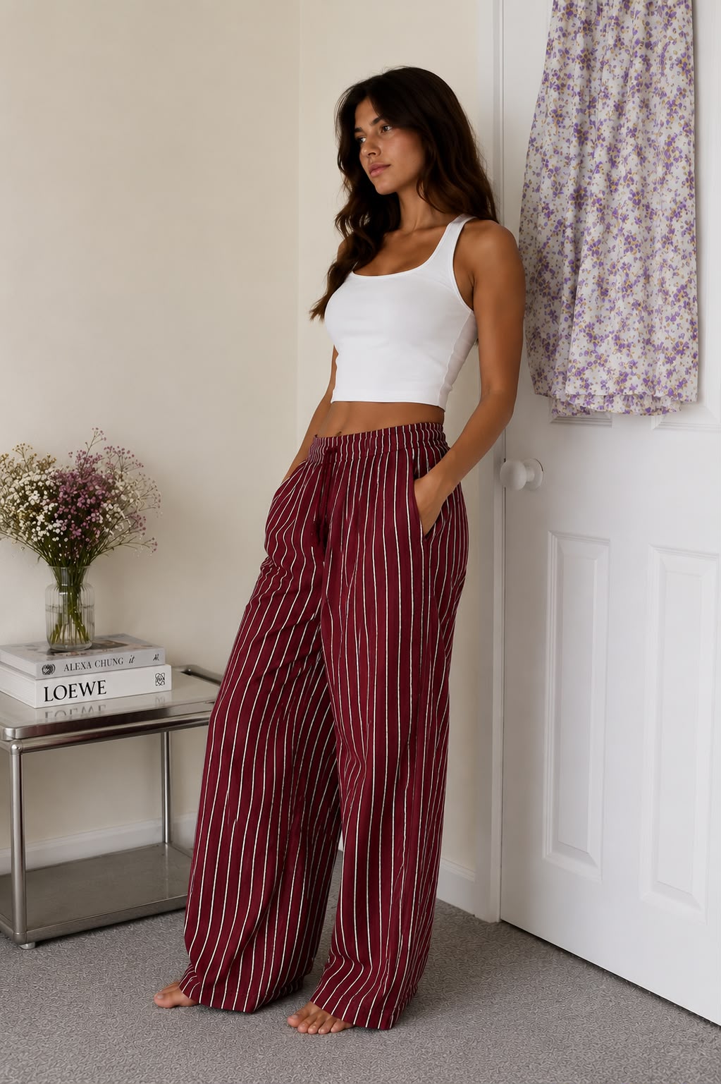 LS Crimson Stripe Wide Leg Trousers
