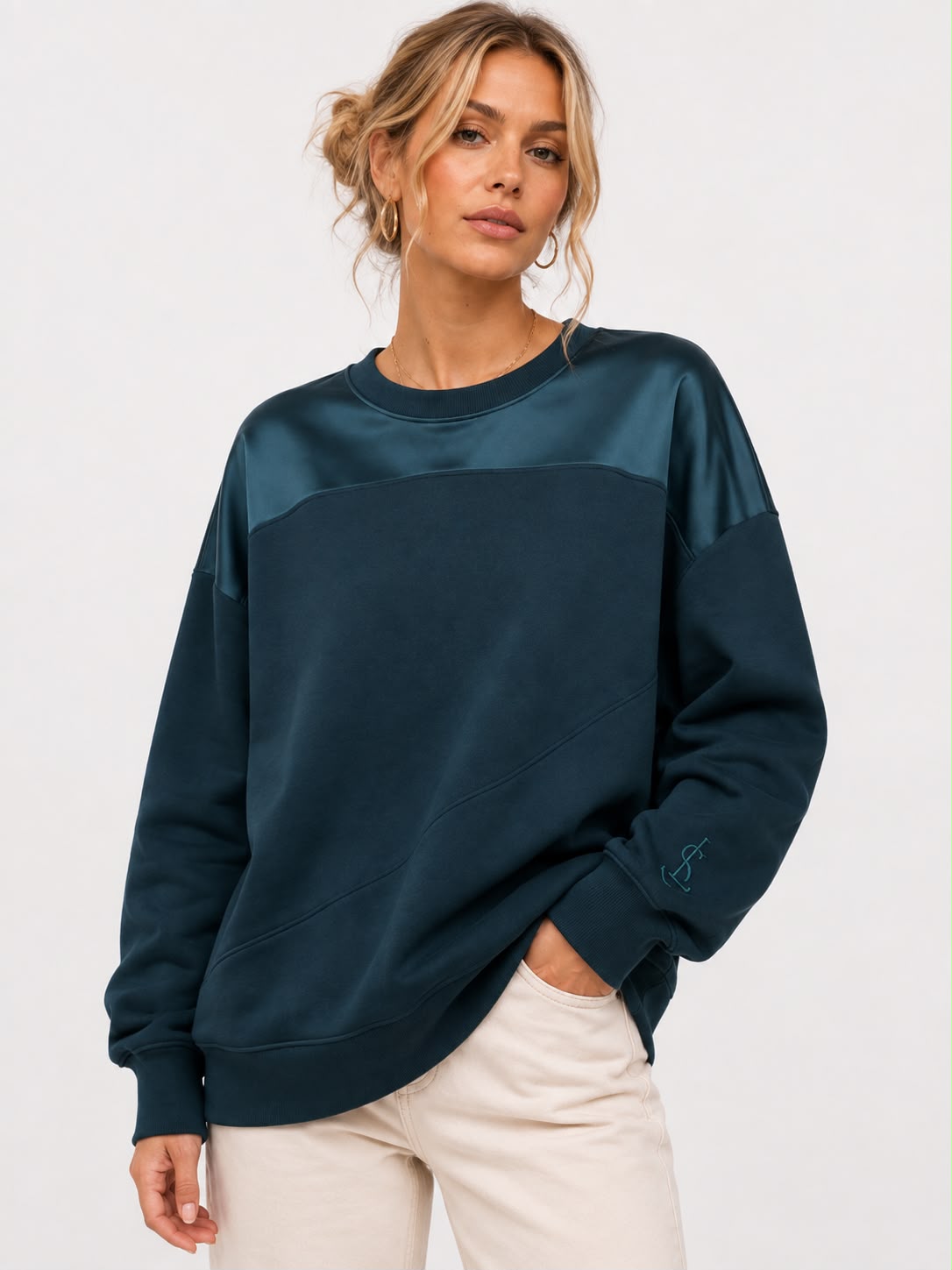 LS Elara Satin-Panel Oversized Sweatshirt – Deep Teal