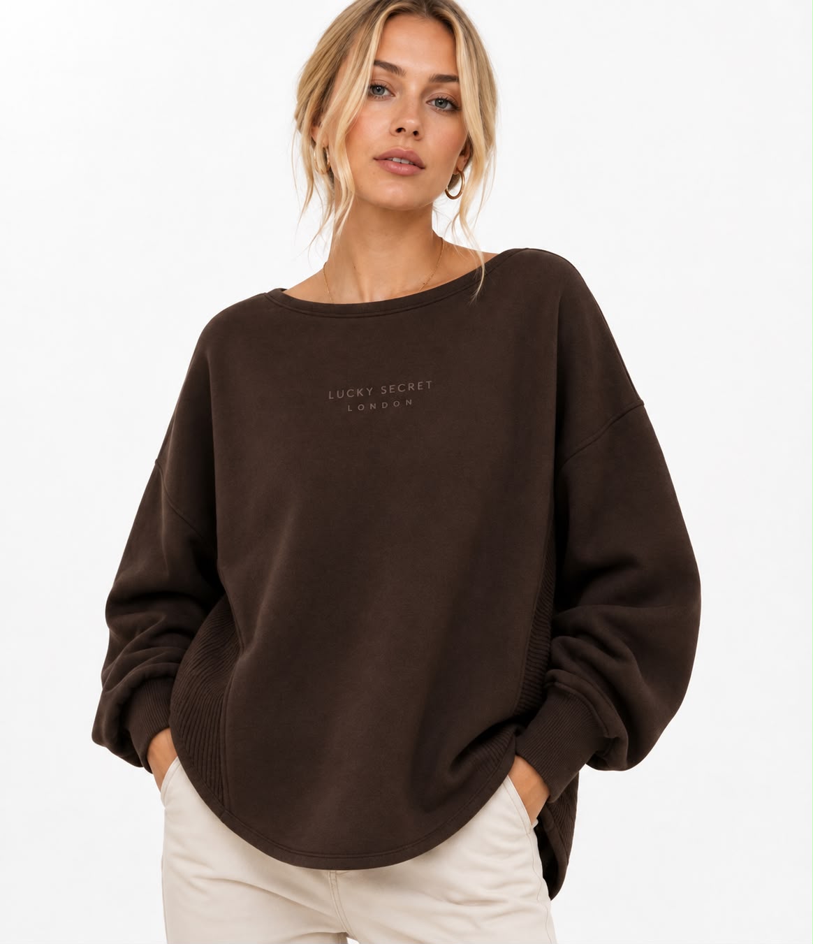 LS Sienna Curved-Hem Oversized Sweatshirt – Chocolate