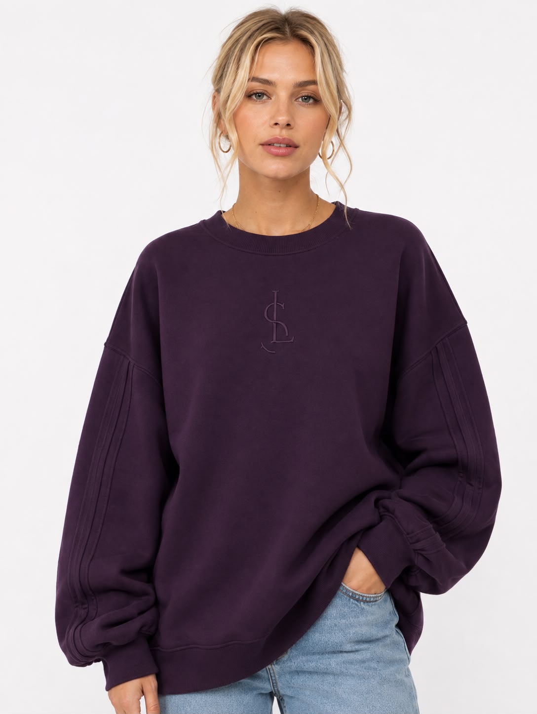 LS Amara Ribbed-Sleeve Oversized Sweatshirt – Aubergine