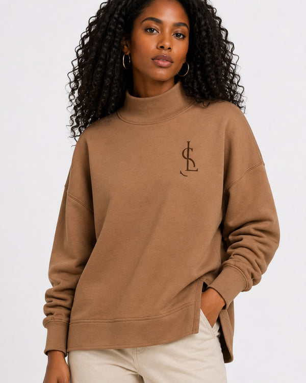 LS Aria High-Neck Side-Split Sweatshirt – Camel
