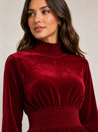 Celeste Velvet Shirred Mini Dress Burgundy