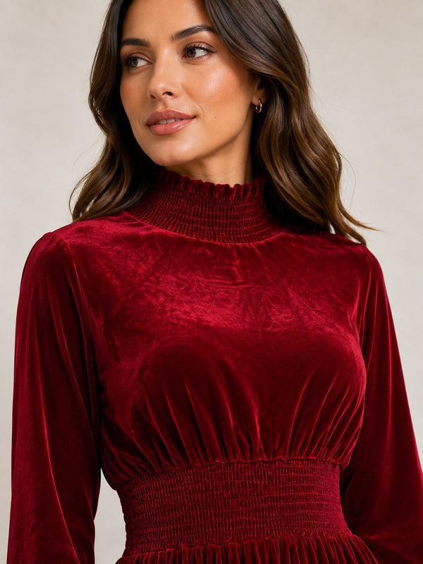 Celeste Velvet Shirred Mini Dress Burgundy