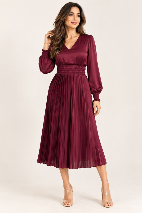 Elara Burgundy Pleated Midi Dress Long Sleeve Occasion Dress