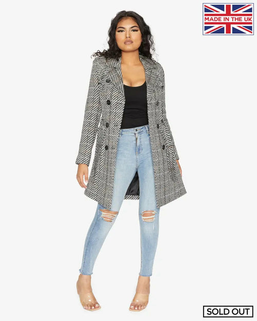 Wool Blend Check Double Breasted Military Coat