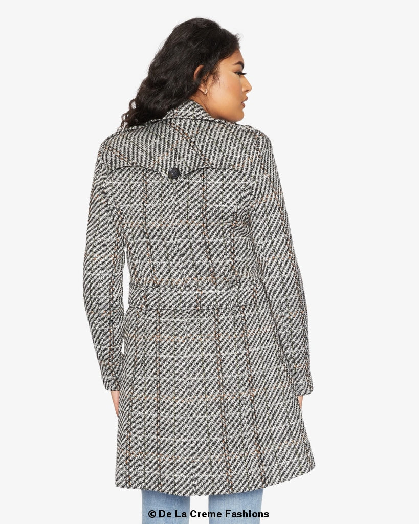 Wool Blend Check Double Breasted Military Coat